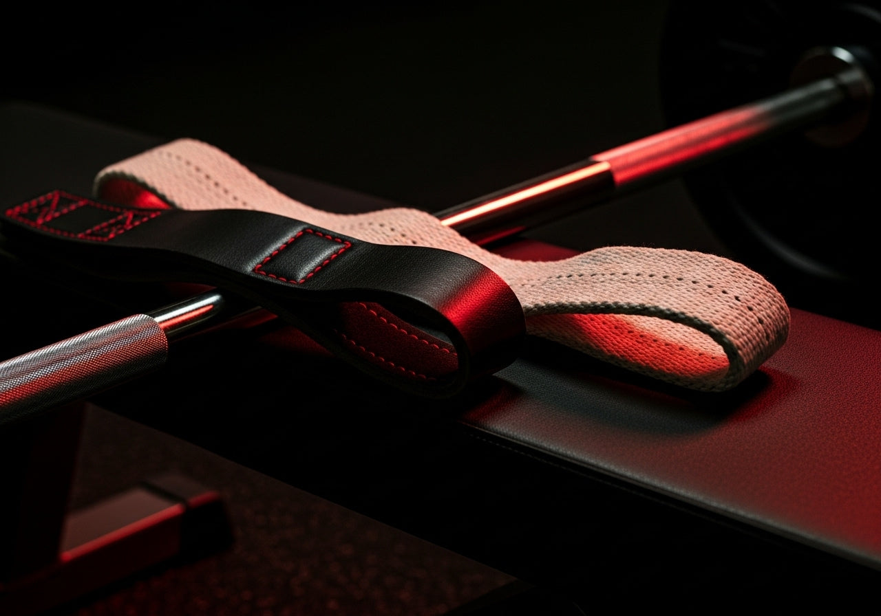 A side-by-side comparison of a brown leather lifting strap and a gray cotton lifting strap on a dark gym floor with a blurred barbell in the background. The image highlights the texture and material difference between the two types of workout gear.