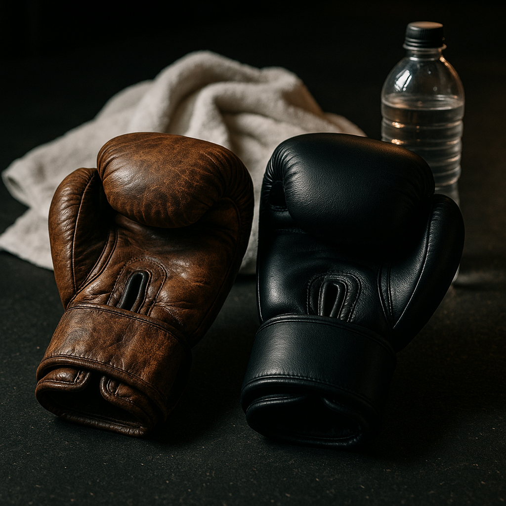  Close-up of a worn brown leather boxing glove and a sleek black synthetic glove side by side on a dark gym floor, with a sweat towel and water bottle in the background, captured in moody cinematic lighting.