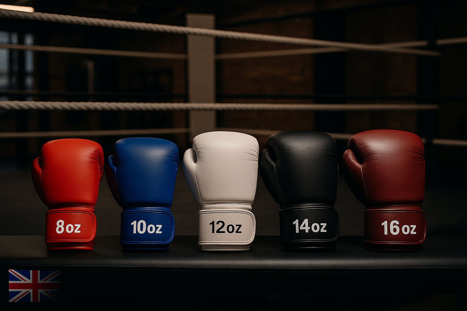 Boxing gloves in different sizes from 8oz to 16oz displayed in a UK boxing gym, illustrating size and padding differences