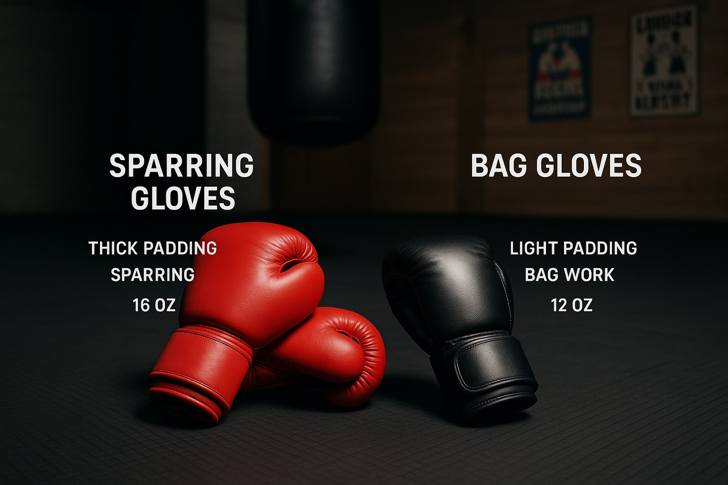  Side-by-side image of sparring gloves and bag gloves on gym mat showing differences in padding, size, and intended use for UK boxing equipment buyers.