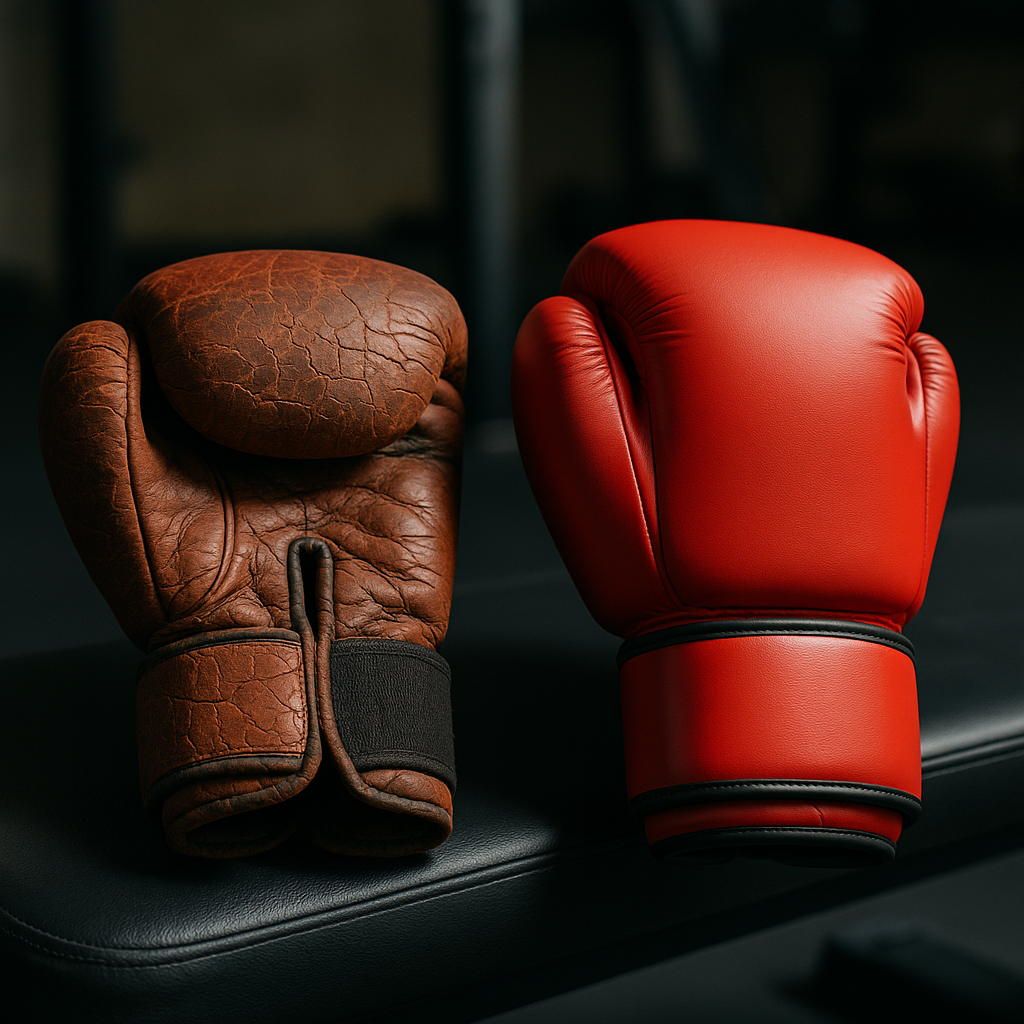  Old vs. new boxing gloves showing signs of wear like cracks and padding collapse