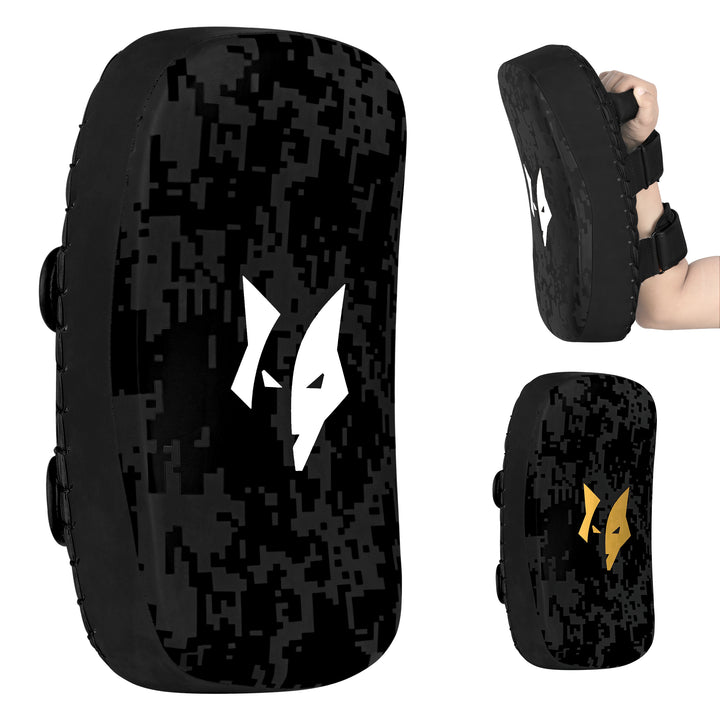 Close-up of PFX Muay Thai pad's 8mm thick neoprene padding and durable white stitching, emphasizing comfort and build quality.