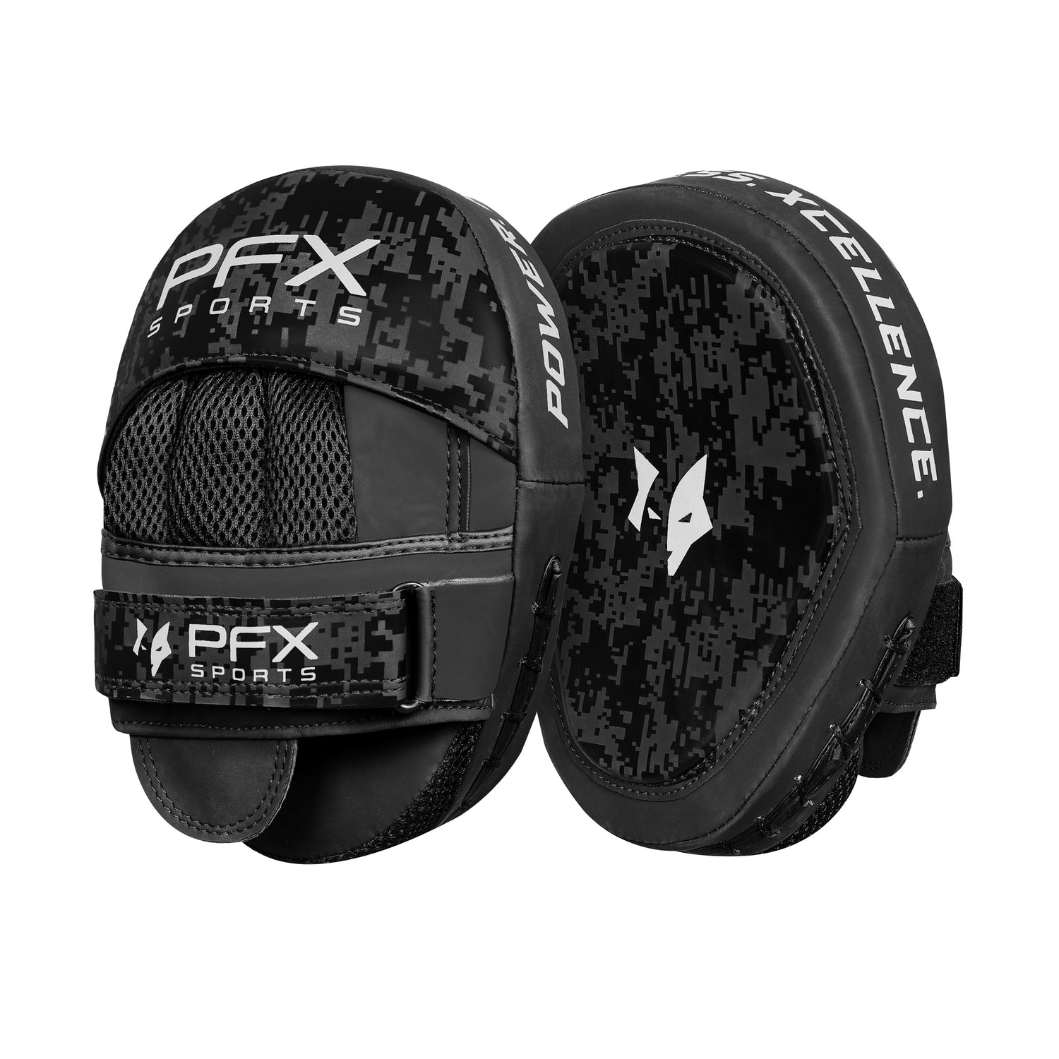 PFX Sports focus mitts in black and white, showing curved design for hook and jab training, ideal for boxing and MMA.