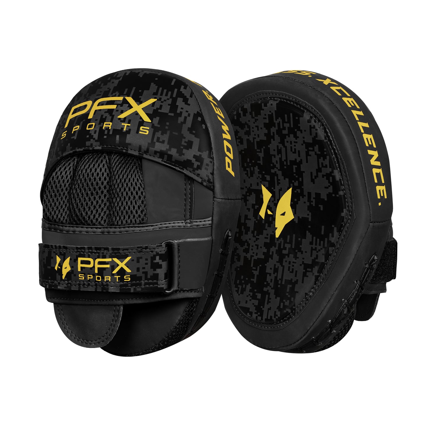 PFX Sports Black and Gold focus mitts, showcasing ergonomic curve and premium finish, ideal for precision boxing and MMA training.