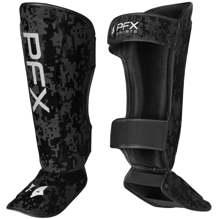 Close-up of PFX shin guard's multi-layered foam padding and Equilibrium sheet technology, emphasizing superior shock absorption.
