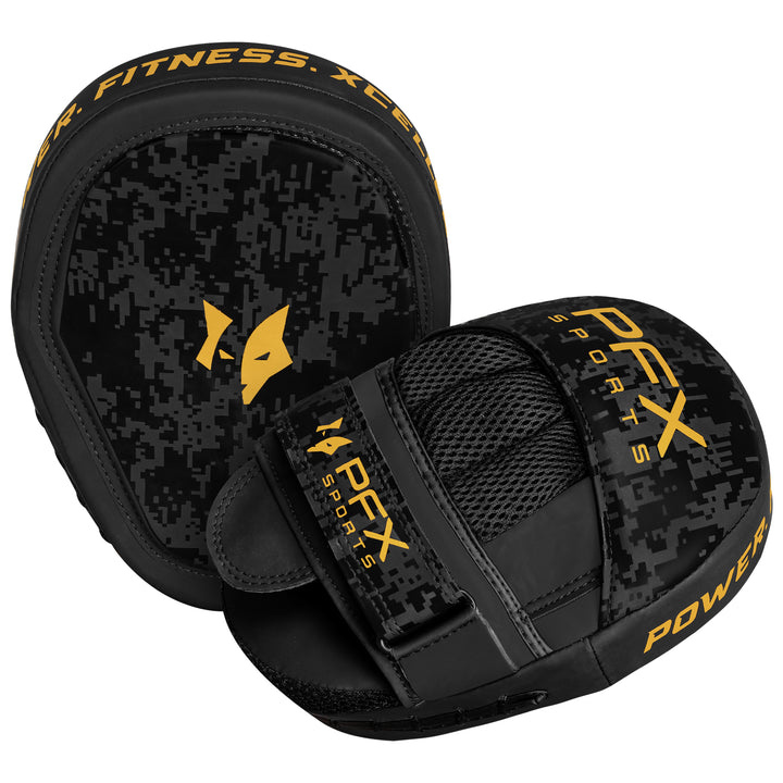 Close-up of PFX focus mitt's gold branding and durable faux leather, emphasizing elite craftsmanship and lasting quality for UK combat sports.