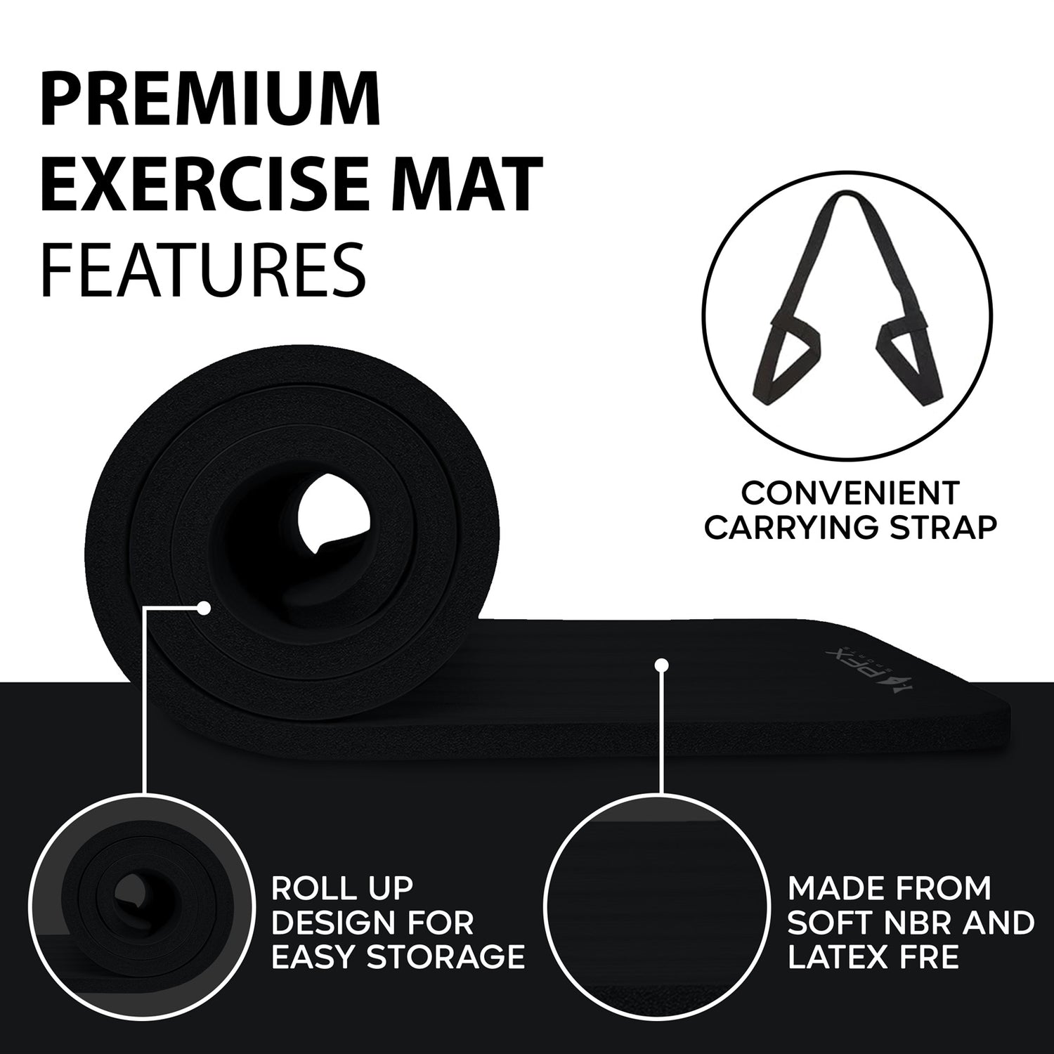 PFX Sports 1CM Thick Exercise Mat – Non-Slip NBR Yoga & Fitness Mat with Carrying Strap