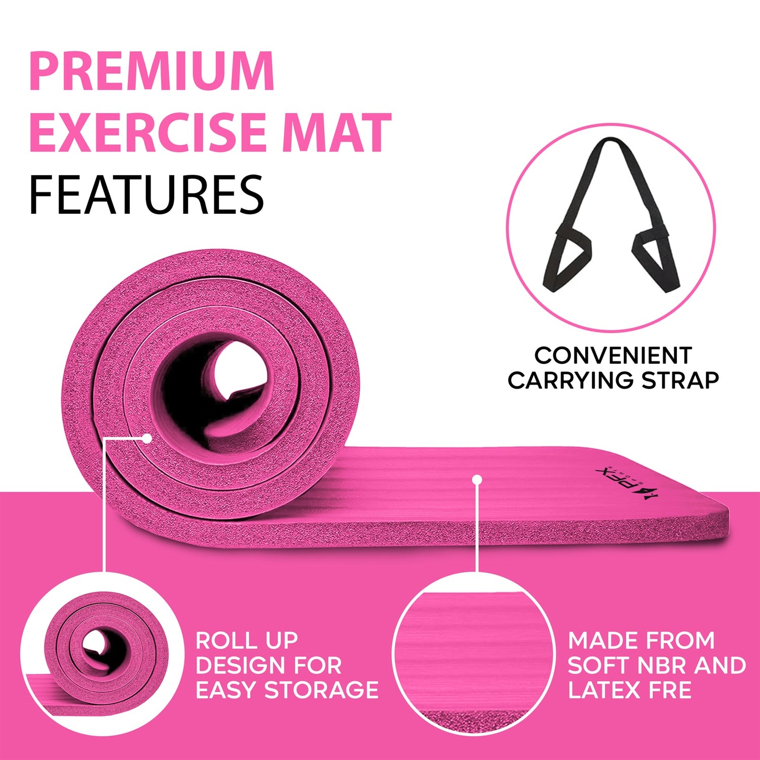 PFX Sports 1CM Thick Exercise Mat – Non-Slip NBR Yoga & Fitness Mat with Carrying Strap