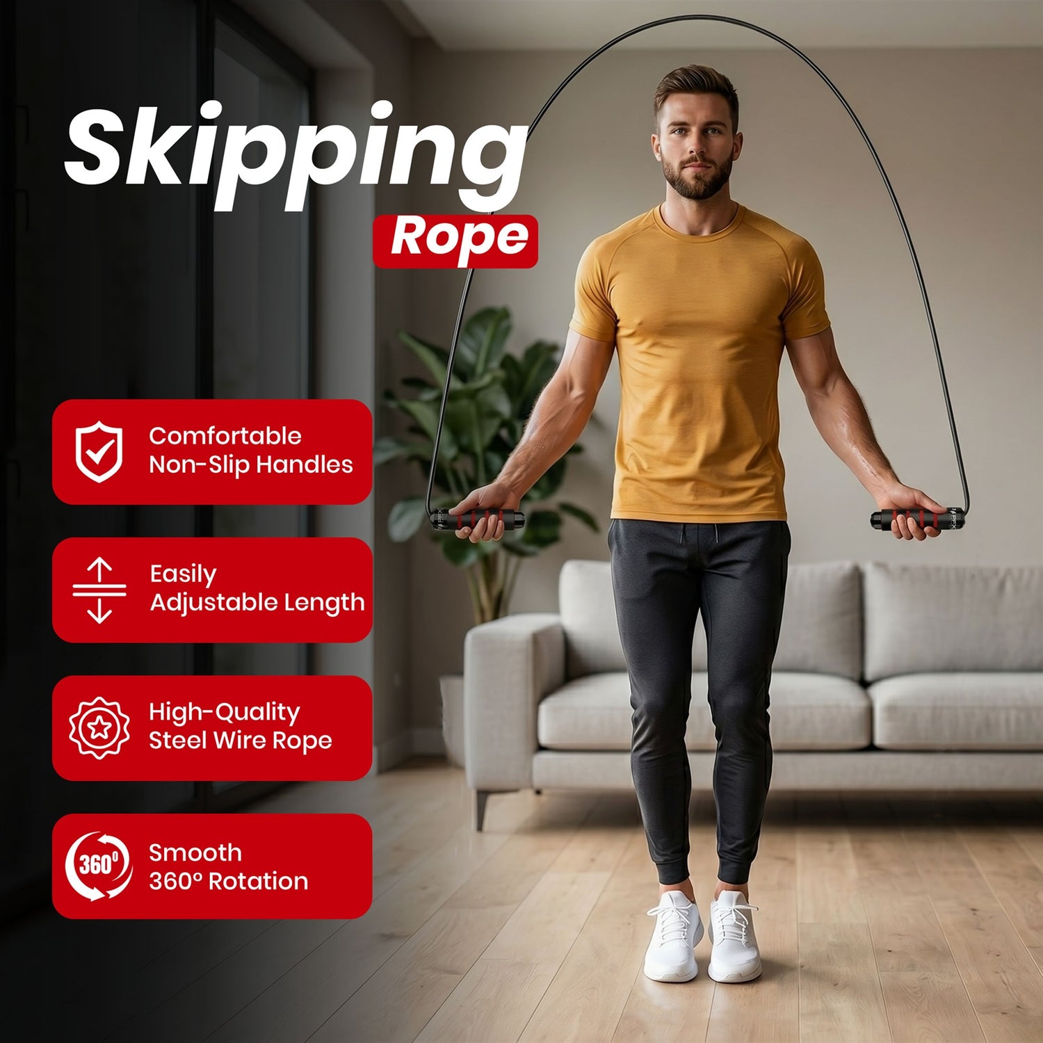PFX Sports Adjustable Skipping Rope – Steel Wire Jump Rope with Non-Slip Handles & 360° Ball Bearings
