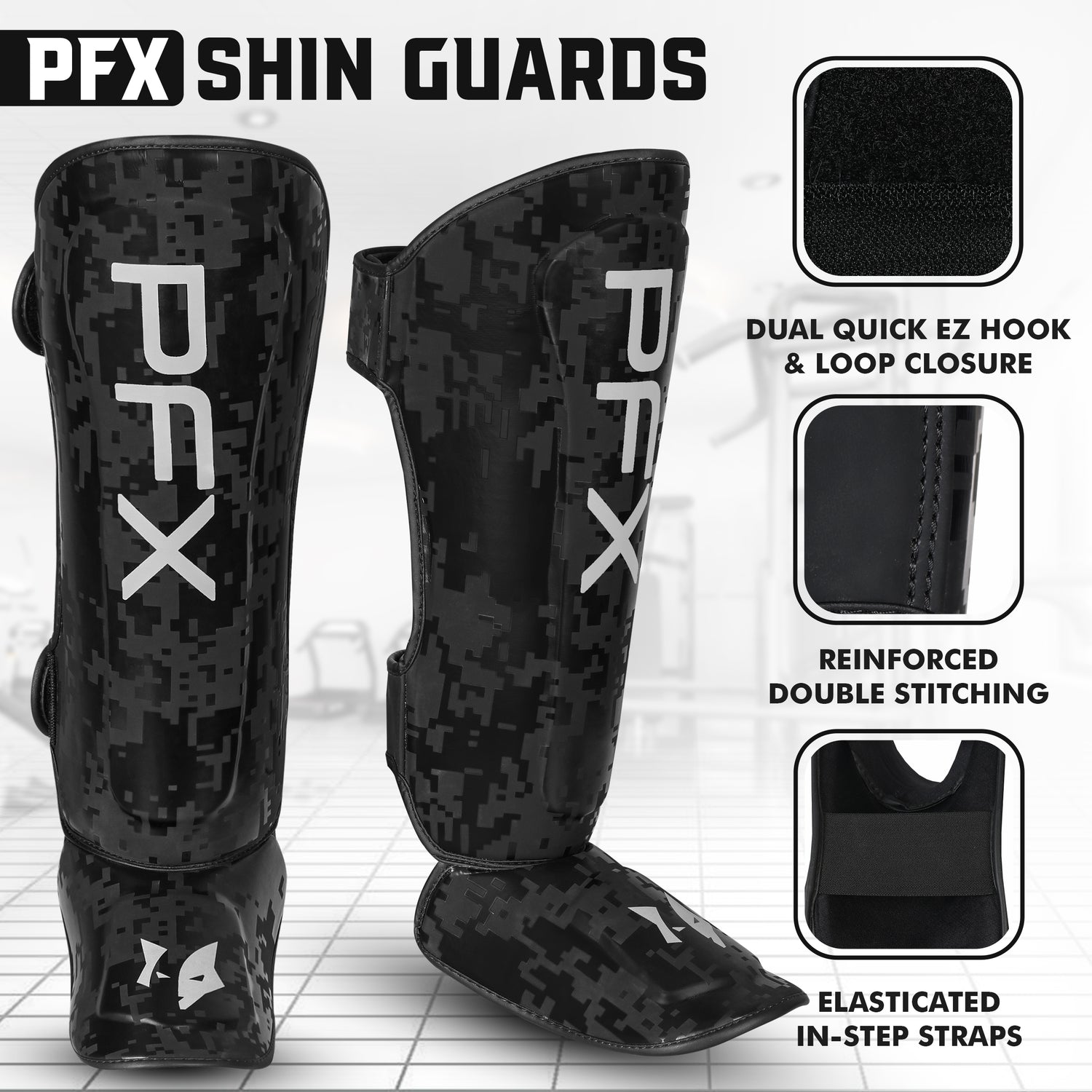 Athlete wearing PFX Black and White shin guards, demonstrating a high kick with excellent mobility and secure fit during training.