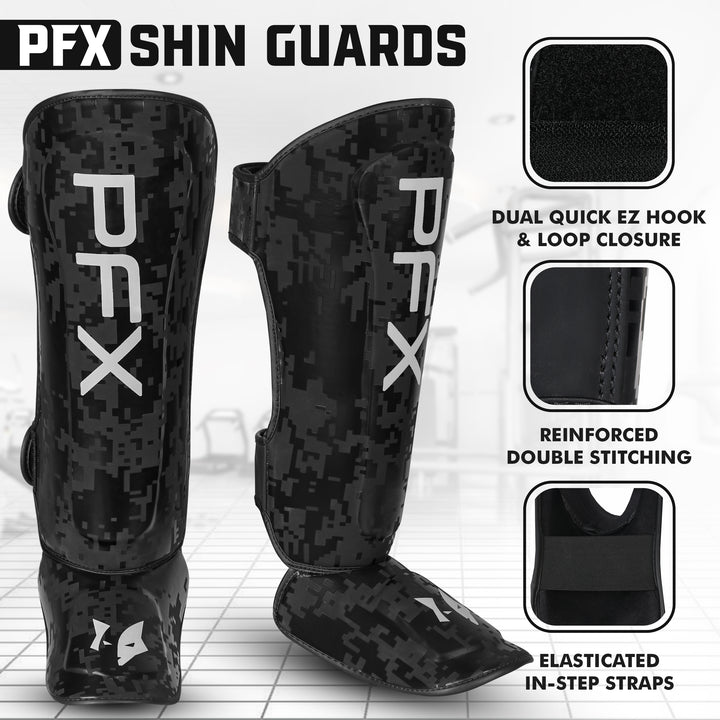 Athlete wearing PFX Black and White shin guards, demonstrating a high kick with excellent mobility and secure fit during training.