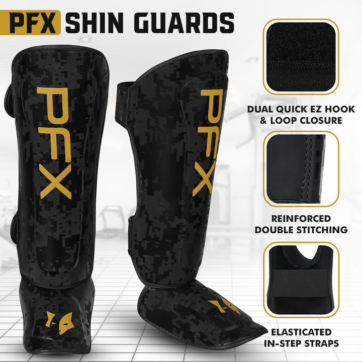 Detail of PFX shin guard's Dual Quick EZ Hook-and-Loop adjustable straps, ensuring a precise and secure fit for intense combat training.