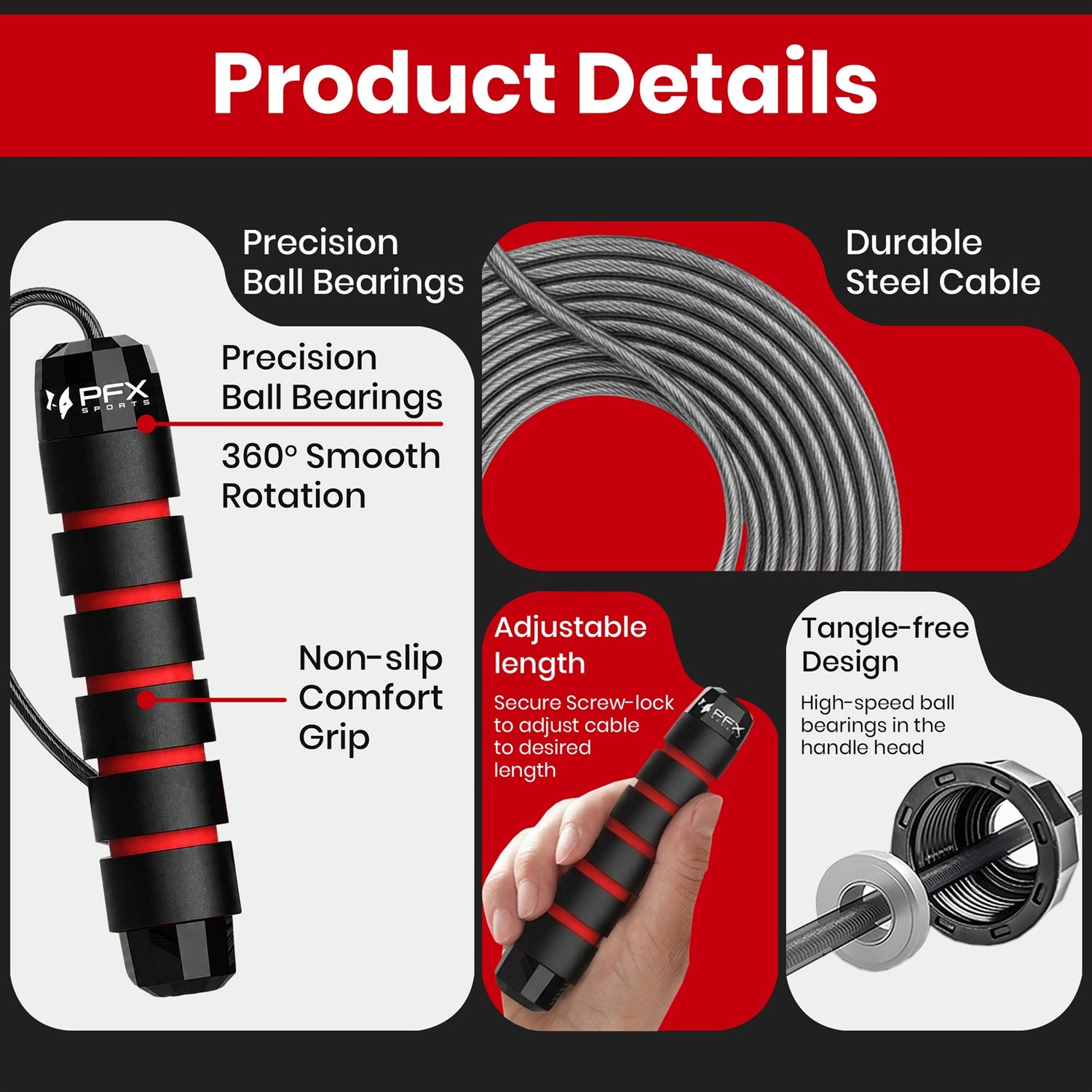 PFX Sports Adjustable Skipping Rope – Steel Wire Jump Rope with Non-Slip Handles & 360° Ball Bearings