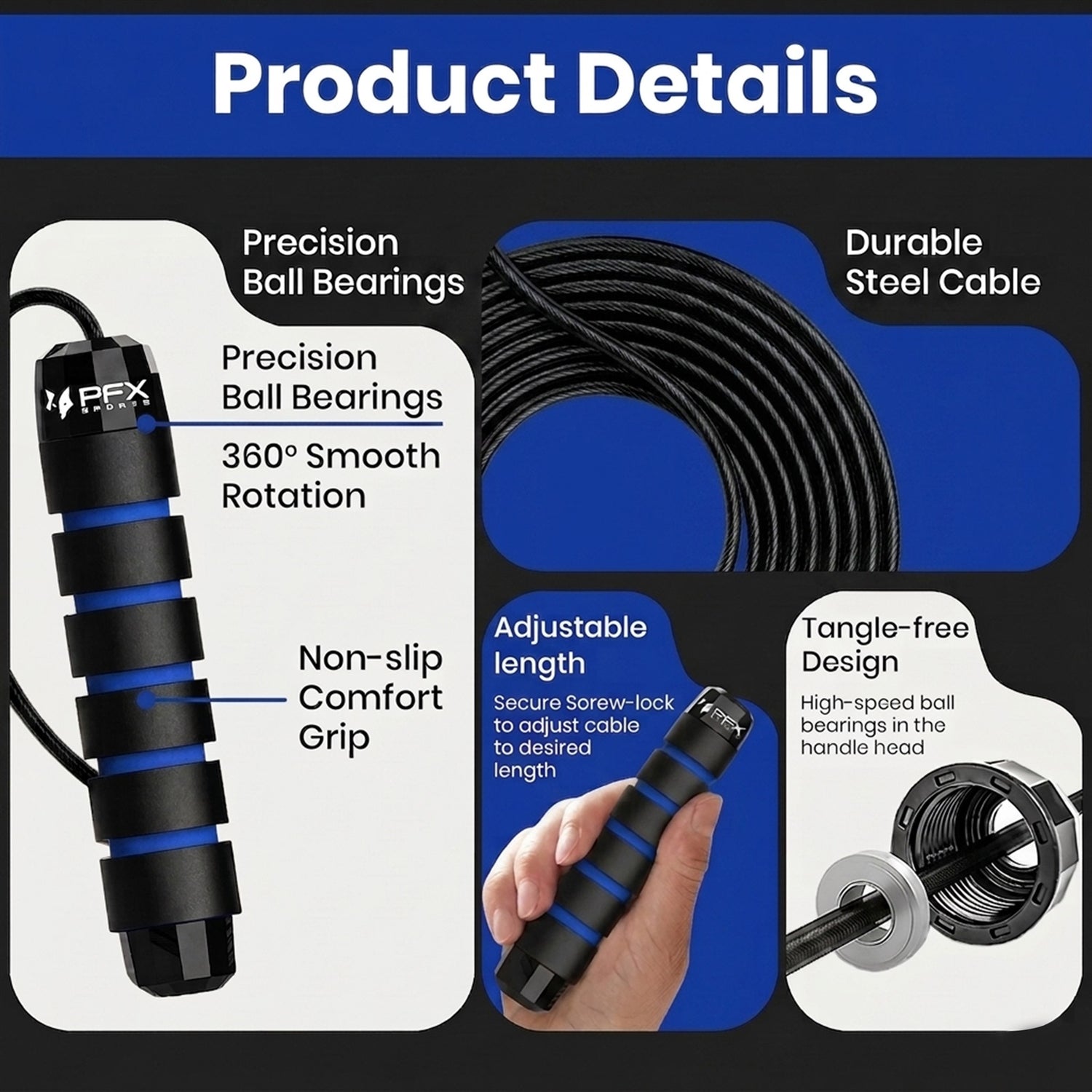 PFX Sports Adjustable Skipping Rope – Steel Wire Jump Rope with Non-Slip Handles & 360° Ball Bearings