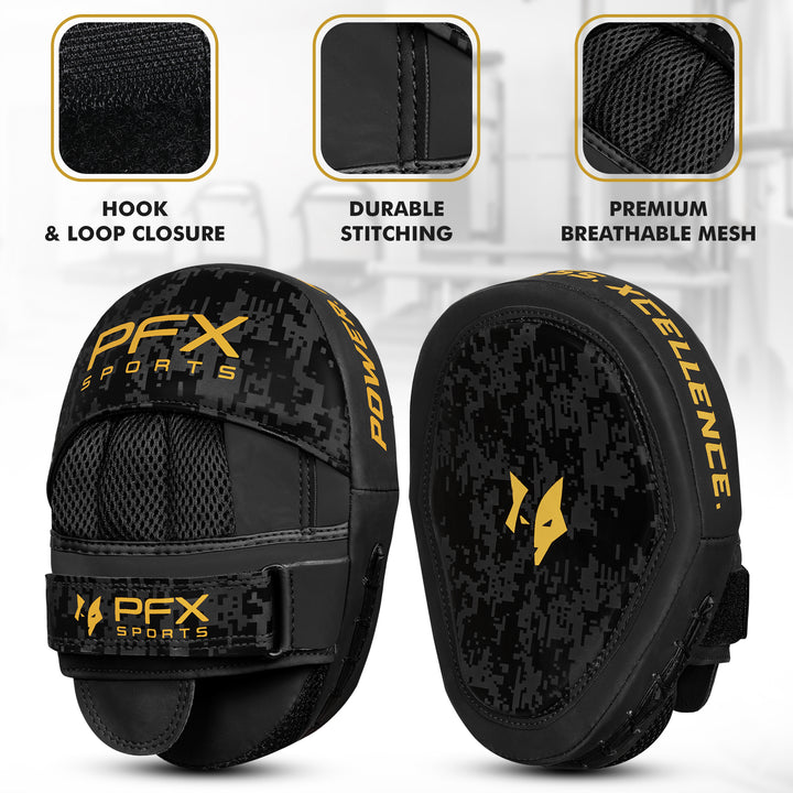 Boxing coach wearing PFX Black and Gold focus mitts, guiding a fighter through a rapid punch combination, demonstrating agility and control.