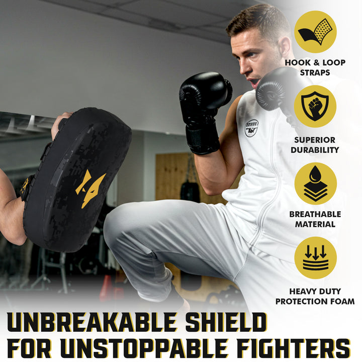 Detail of PFX Muay Thai pad's solid handle and adjustable hook-and-loop closure straps, highlighting trainer grip and control.