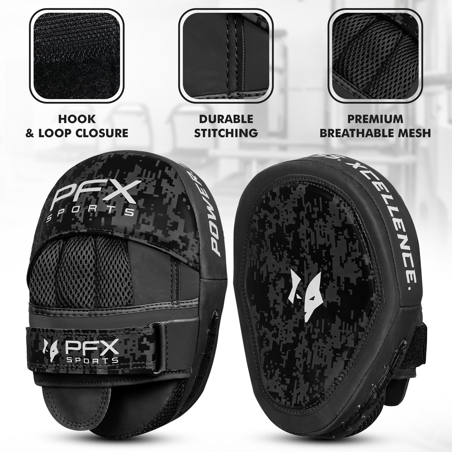 Trainer holding PFX black and white focus mitts with a fighter landing a precision punch, demonstrating speed and accuracy training. 