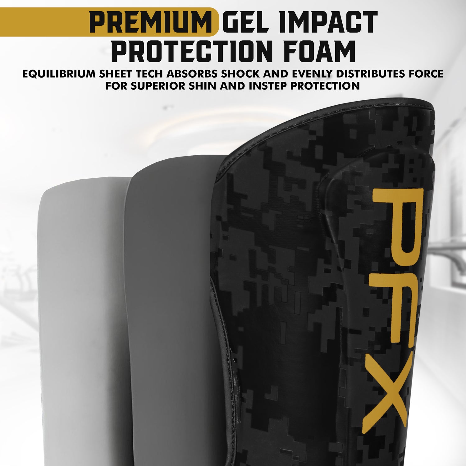 Side view of PFX Sports shin guard, illustrating its ergonomic, lightweight profile for unrestricted movement in martial arts.