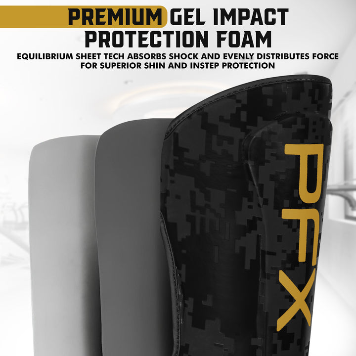 Side view of PFX Sports shin guard, illustrating its ergonomic, lightweight profile for unrestricted movement in martial arts.