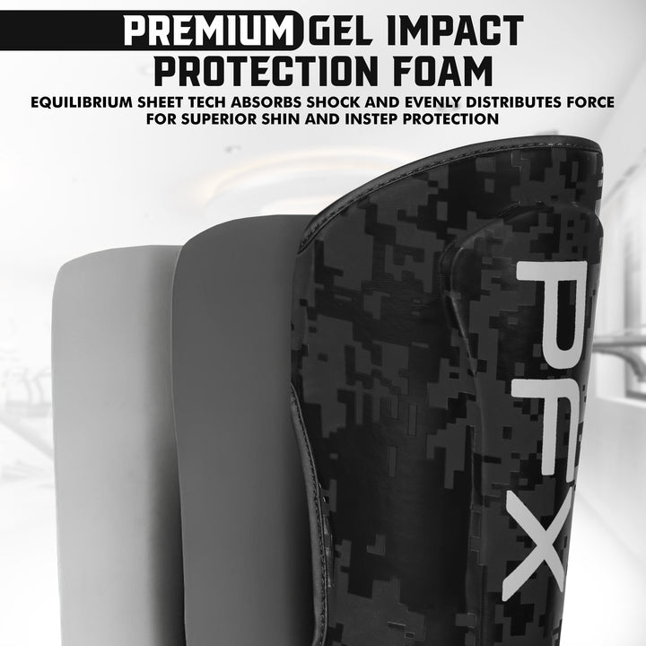 Detail of PFX shin guard's Dual Quick EZ Hook-and-Loop closures and non-slip lining, emphasizing secure and adjustable fit.