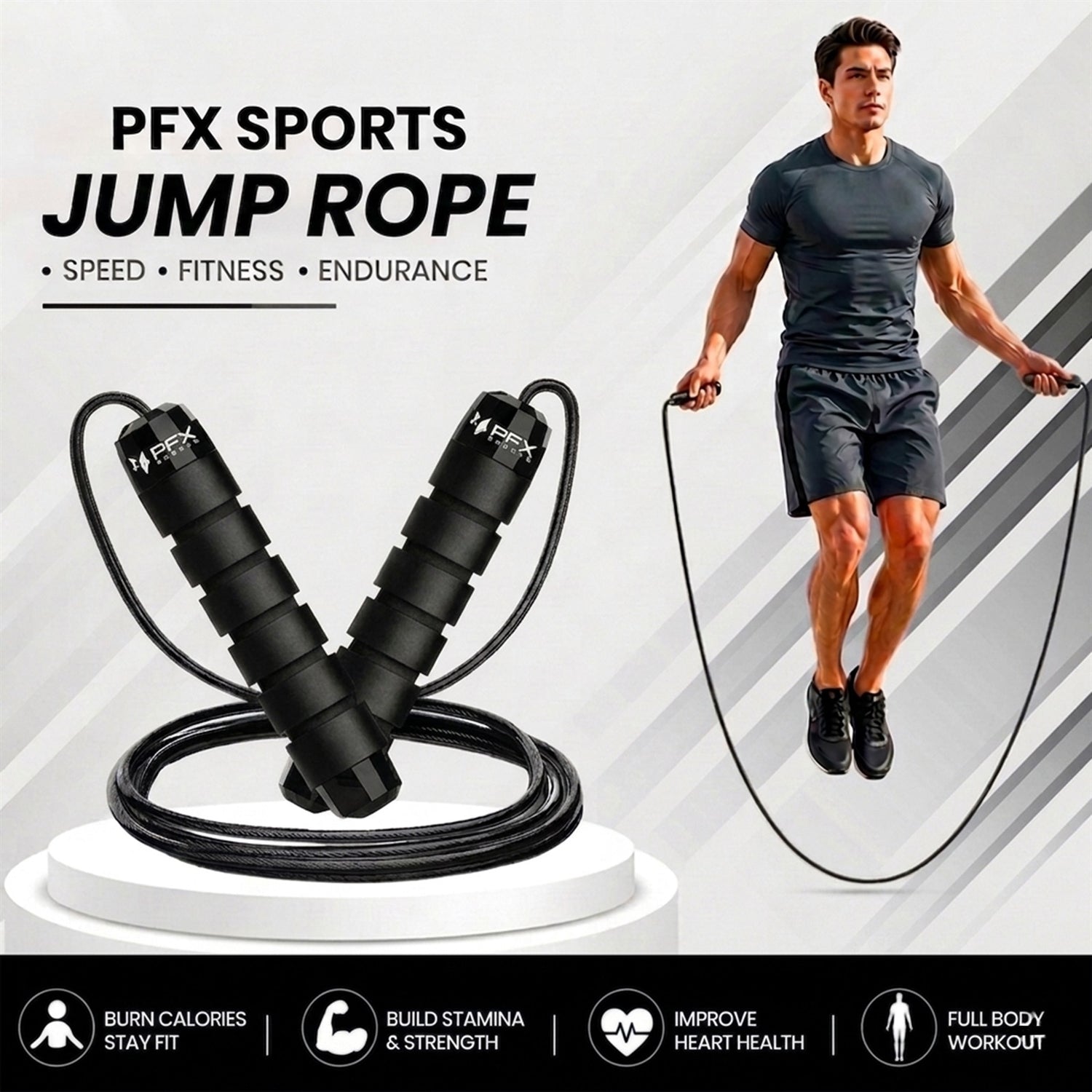 PFX Sports Adjustable Skipping Rope – Steel Wire Jump Rope with Non-Slip Handles & 360° Ball Bearings