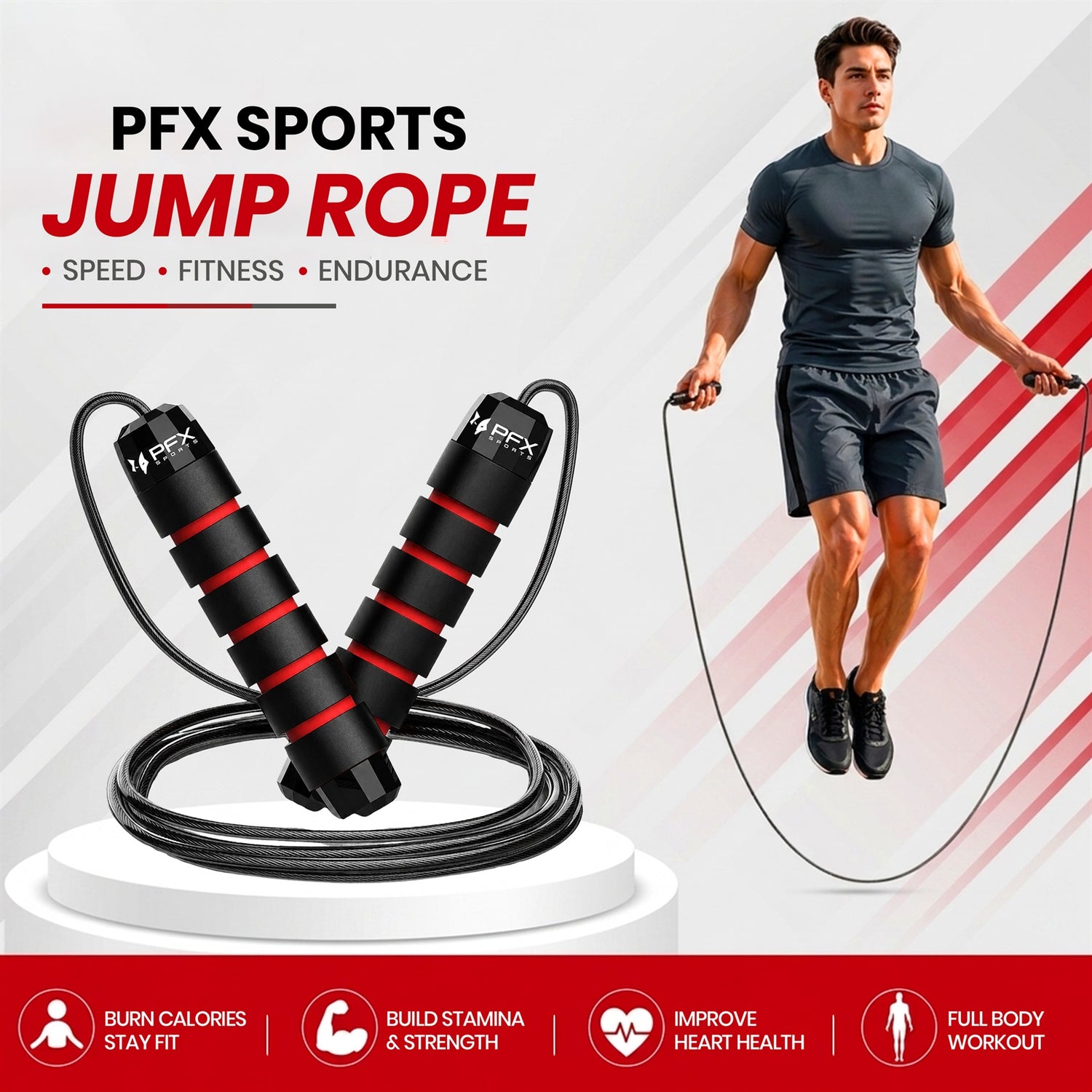 PFX Sports Adjustable Skipping Rope – Steel Wire Jump Rope with Non-Slip Handles & 360° Ball Bearings