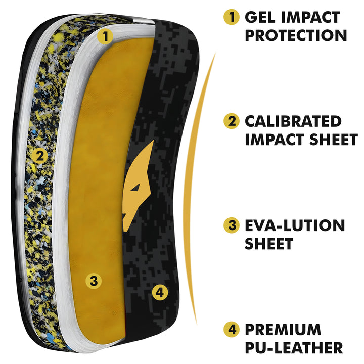 Stacked PFX Sports Muay Thai pads in a gym setting, suggesting suitability for B2B bulk purchases and professional training facilities.