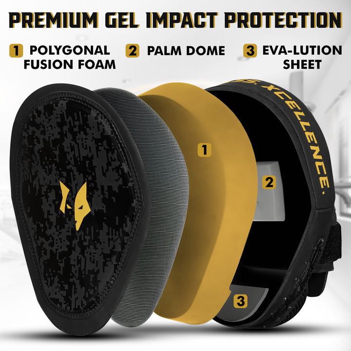 A pair of PFX Sports Black and Gold hook and jab pads, lightweight and compact, ready for portable martial arts training sessions