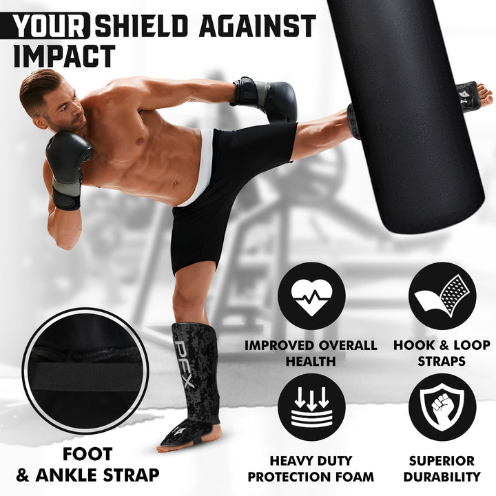 Side view of PFX Sports shin guard, illustrating its ergonomic, lightweight design for unhindered movement during martial arts.
