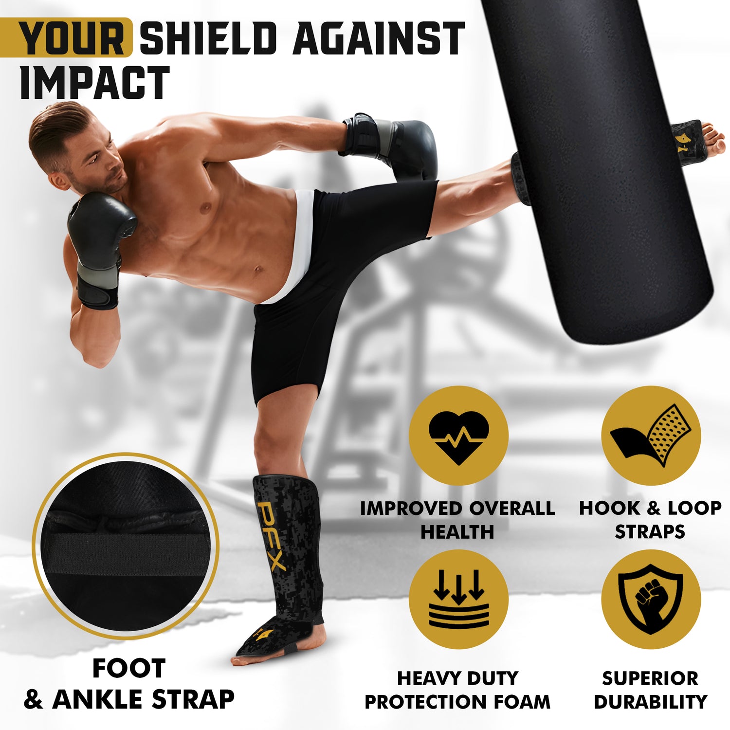 Fighter wearing PFX Black and Gold shin guards, executing a powerful kick with full mobility and secure fit during training.