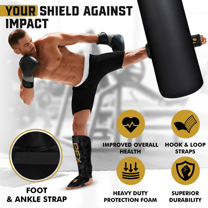 Fighter wearing PFX Black and Gold shin guards, executing a powerful kick with full mobility and secure fit during training.