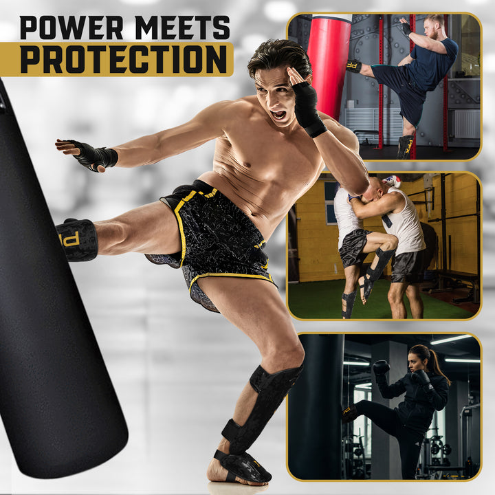 A pair of PFX Black and Gold shin guards positioned in a professional gym, signifying their durability for commercial use and high-volume training.