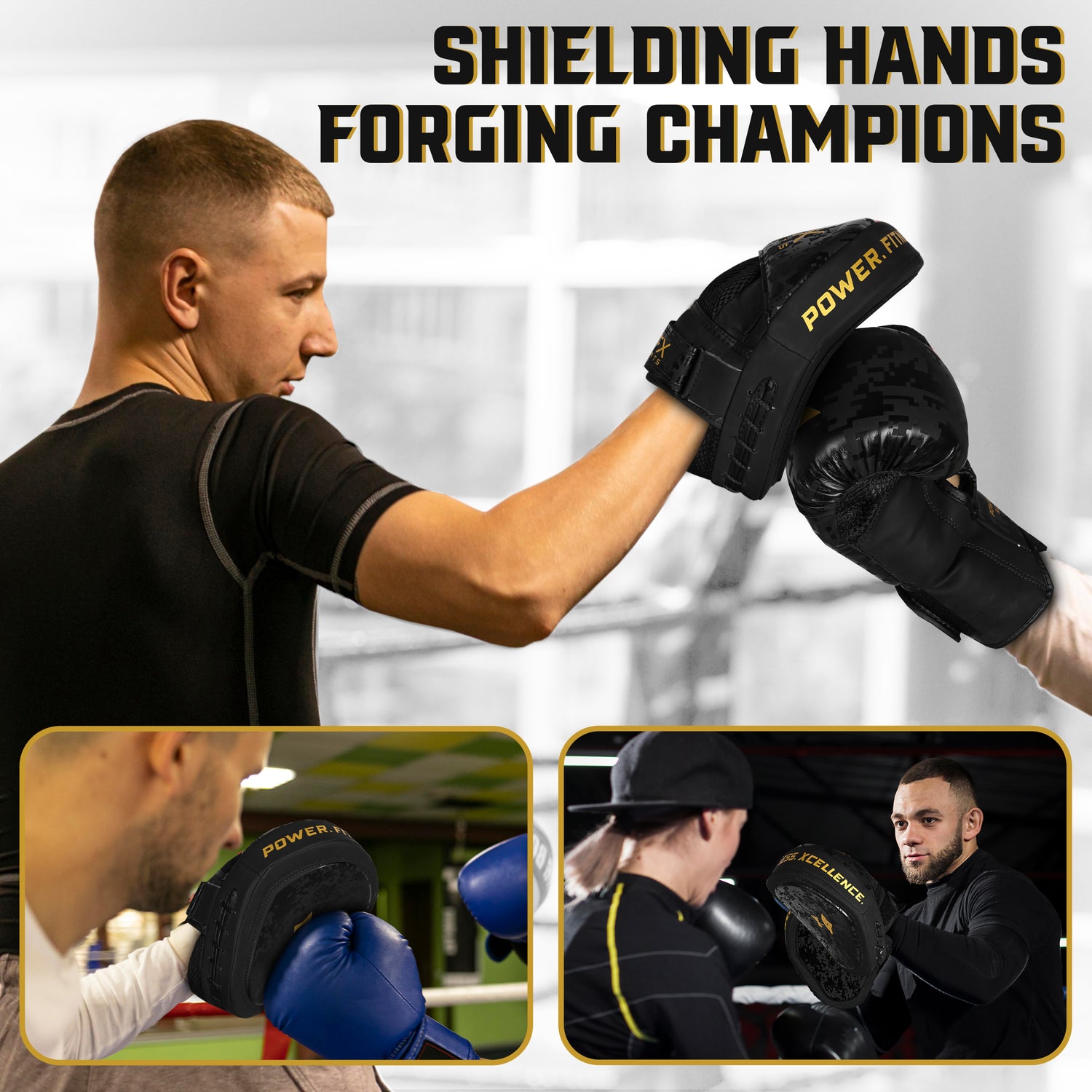 PFX Black and Gold focus mitts displayed in a professional gym environment, signifying their suitability for high-intensity, commercial training.