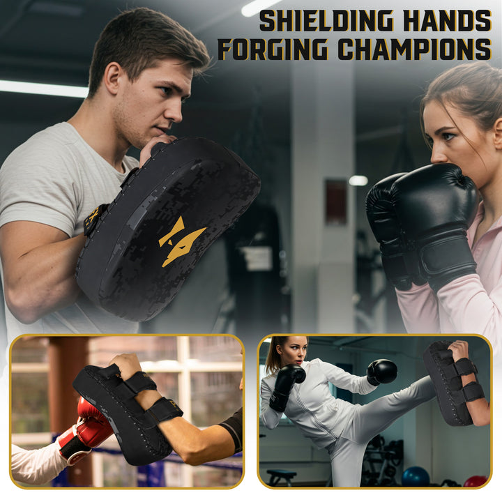 PFX Muay Thai pad shown with focus mitts and boxing gloves, illustrating its versatility for mixed martial arts training drills.