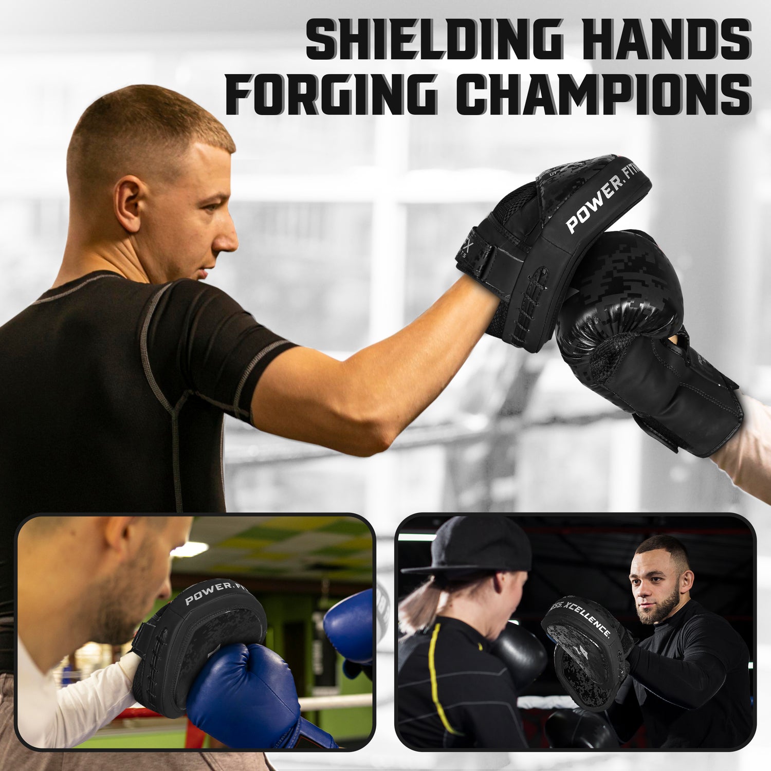 PFX focus mitts placed in a gym setting alongside other combat sports gear, suggesting suitability for professional training facilities and martial arts schools. 