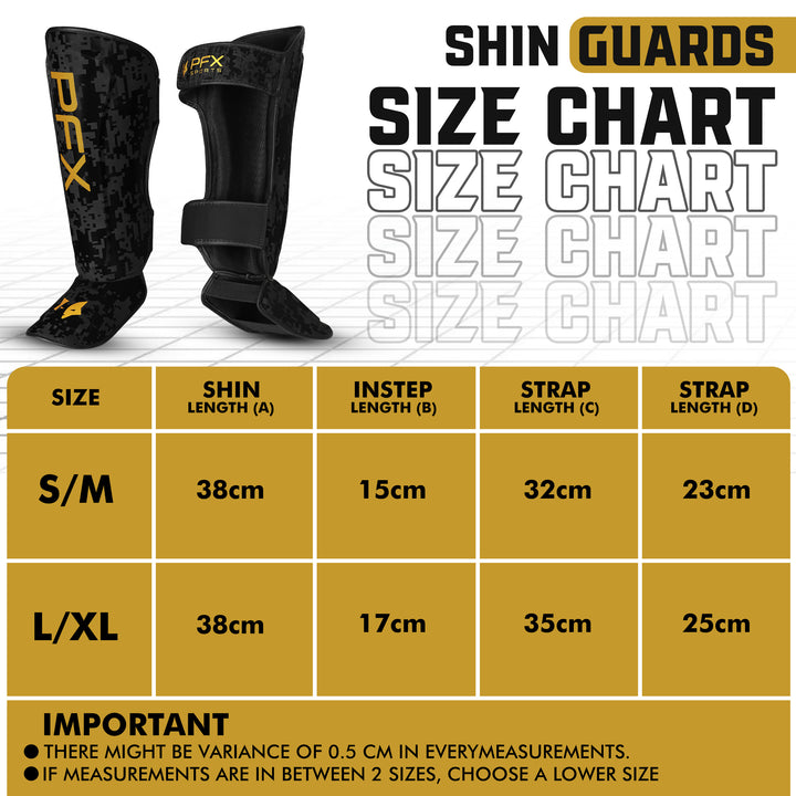 Sizing of PFX Sports shin guards in Black & Gold, showcasing the brand logo and sleek design, perfect for champion athletes.