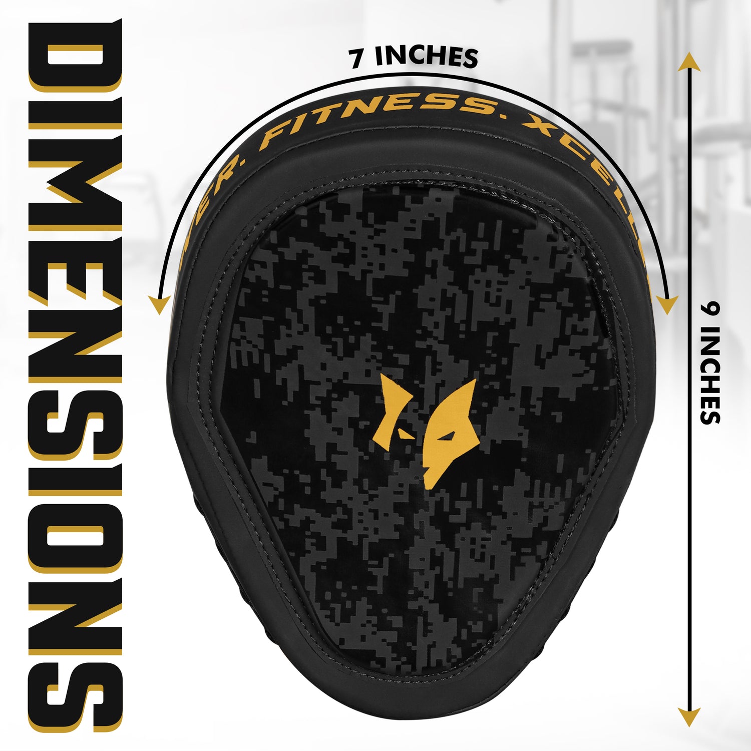 Front view of PFX Sports focus mitts with Black & Gold color scheme, highlighting the brand logo and sleek design for modern fighters