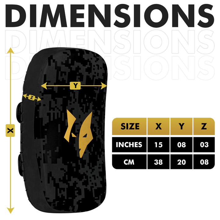 Front view of PFX Muay Thai pad showcasing its black and gold branding with the PFX Sports logo, reinforcing brand identity.