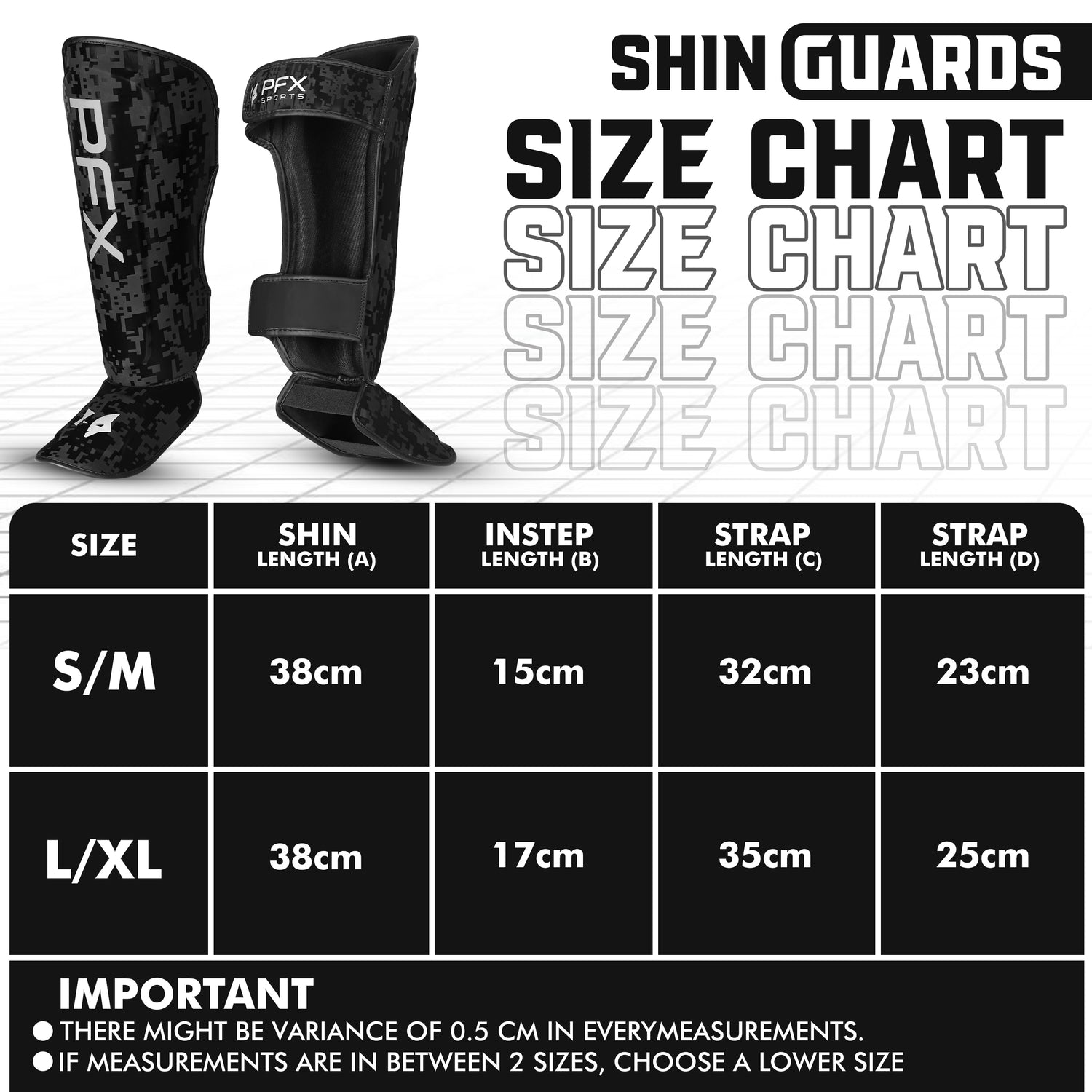 Front view of PFX Sports shin guards in Black & White with prominent branding, reinforcing quality and style for combat athletes.