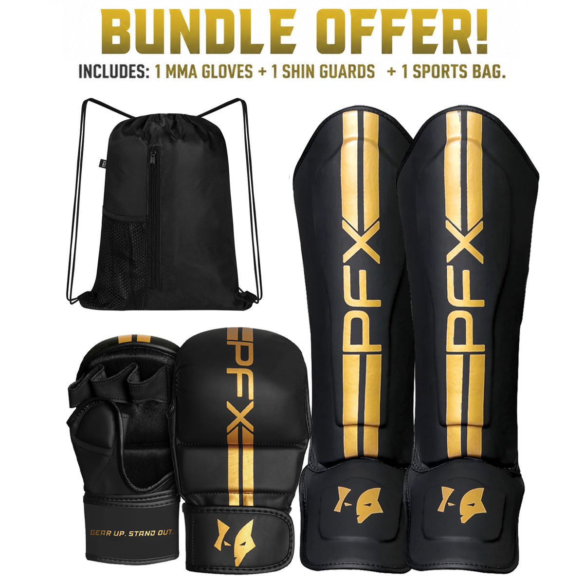 PFX Sports Golden Reign MMA Training Bundle (Gloves, Shin Guards & Bag)