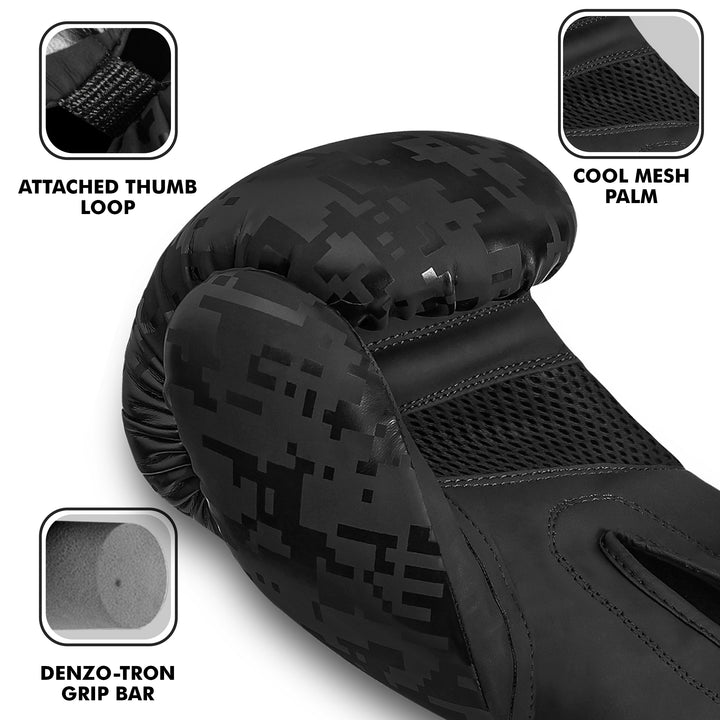 Close-up of PFX Sports boxing glove showing attached thumb loop, breathable mesh palm, and Denzo-Tron grip bar