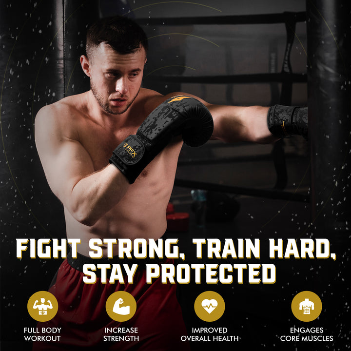 Boxer wearing PFX Sports black and gold leather boxing gloves while training with punching bag, slogan “Fight Strong, Train Hard, Stay Protected.