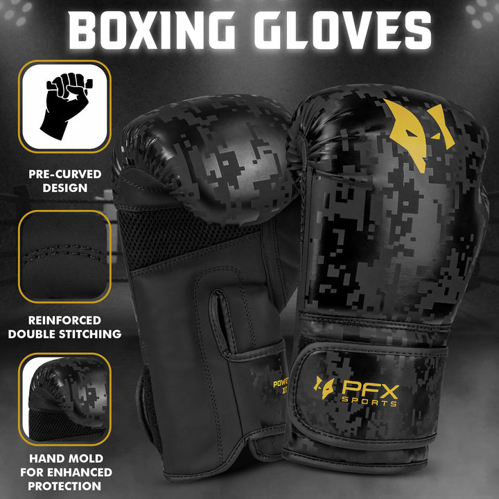 PFX Sports boxing gloves in black and gold showing pre-curved design, reinforced double stitching, and hand mold for enhanced knuckle protection.