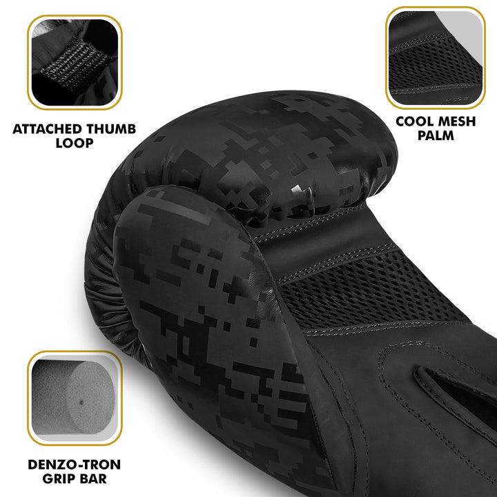 Close-up of PFX Sports black and gold leather boxing gloves showing attached thumb loop, cool mesh palm, and Denzo-Tron grip bar for better grip and ventilation.