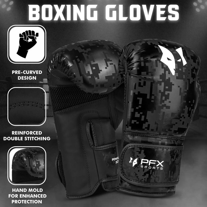 Black PFX Sports boxing gloves with pre-curved design, reinforced stitching, and protective hand mold