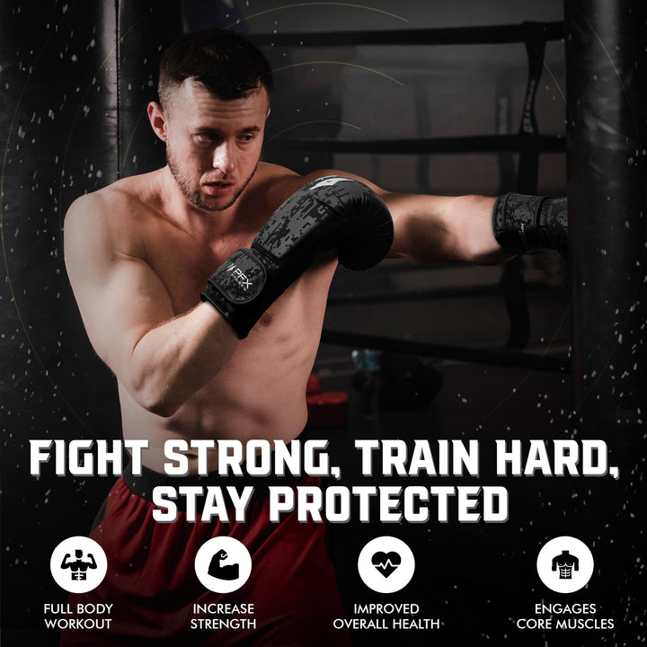 Boxer training with PFX Sports leather boxing gloves in a UK boxing gym with full body workout benefits