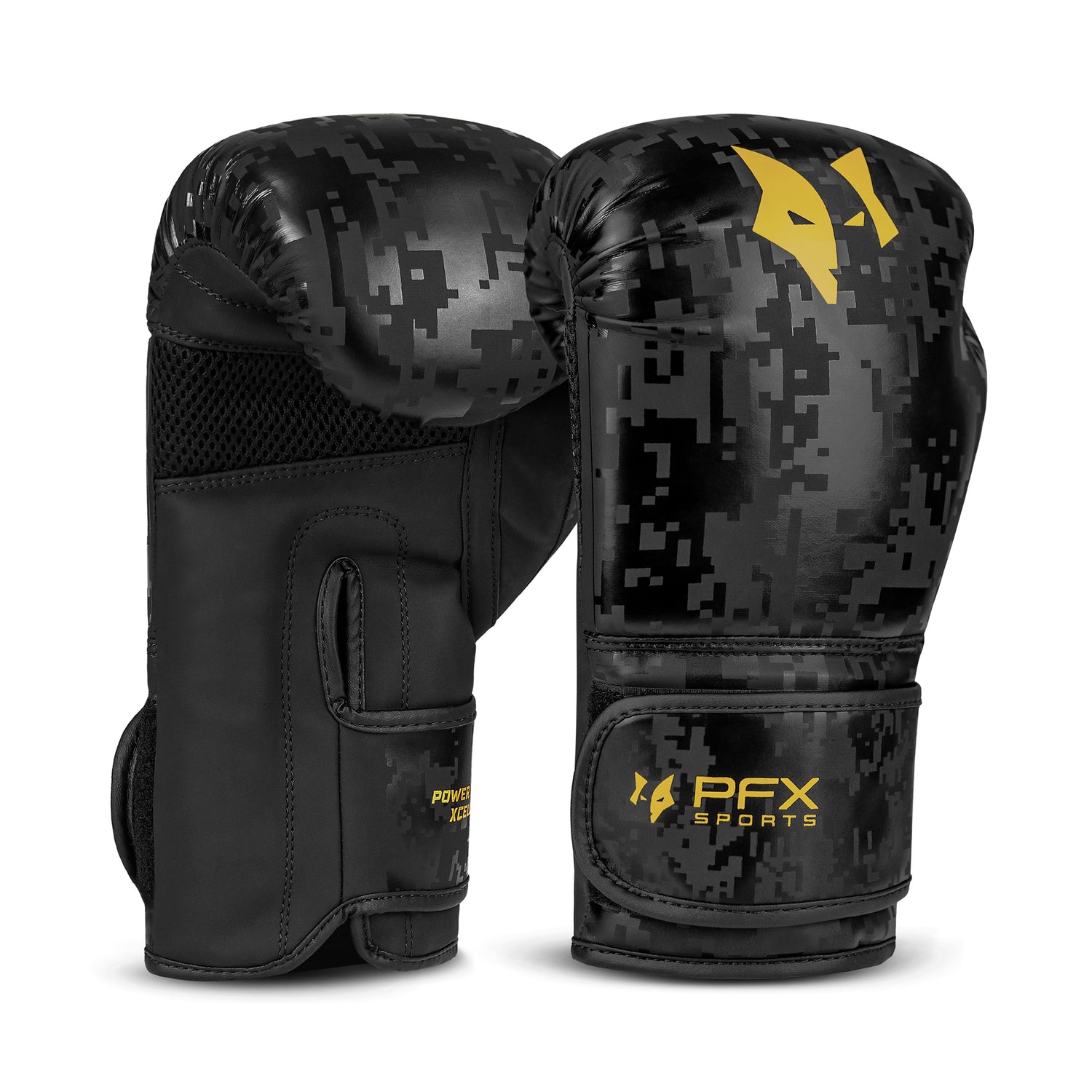 Front and side view of PFX Sports Leather Boxing Gloves in black and gold design, available in 8oz–16oz sizes for UK training and sparring.