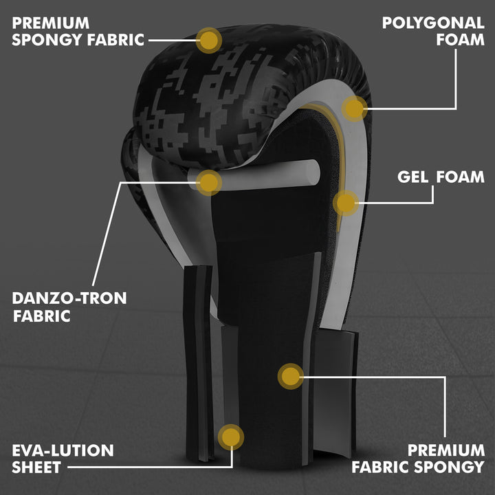 Cross-section of PFX Sports boxing gloves displaying layered padding with gel foam, EVA-lution sheet, polygonal foam, and premium spongy fabric for maximum shock absorption.