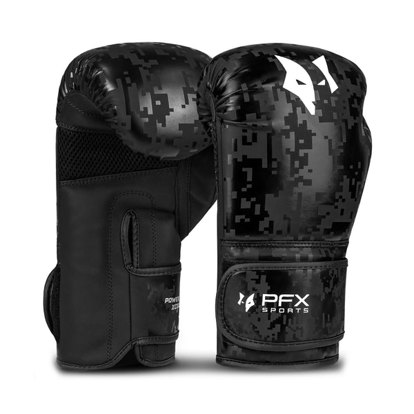Black and white PFX Sports leather boxing gloves front and side view for sparring and training in UK gyms