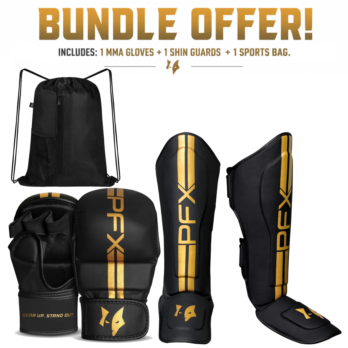 PFX Custom Combat Bundle (Gold Series) | Sparring Gloves, Shin Guards & Sports Bag